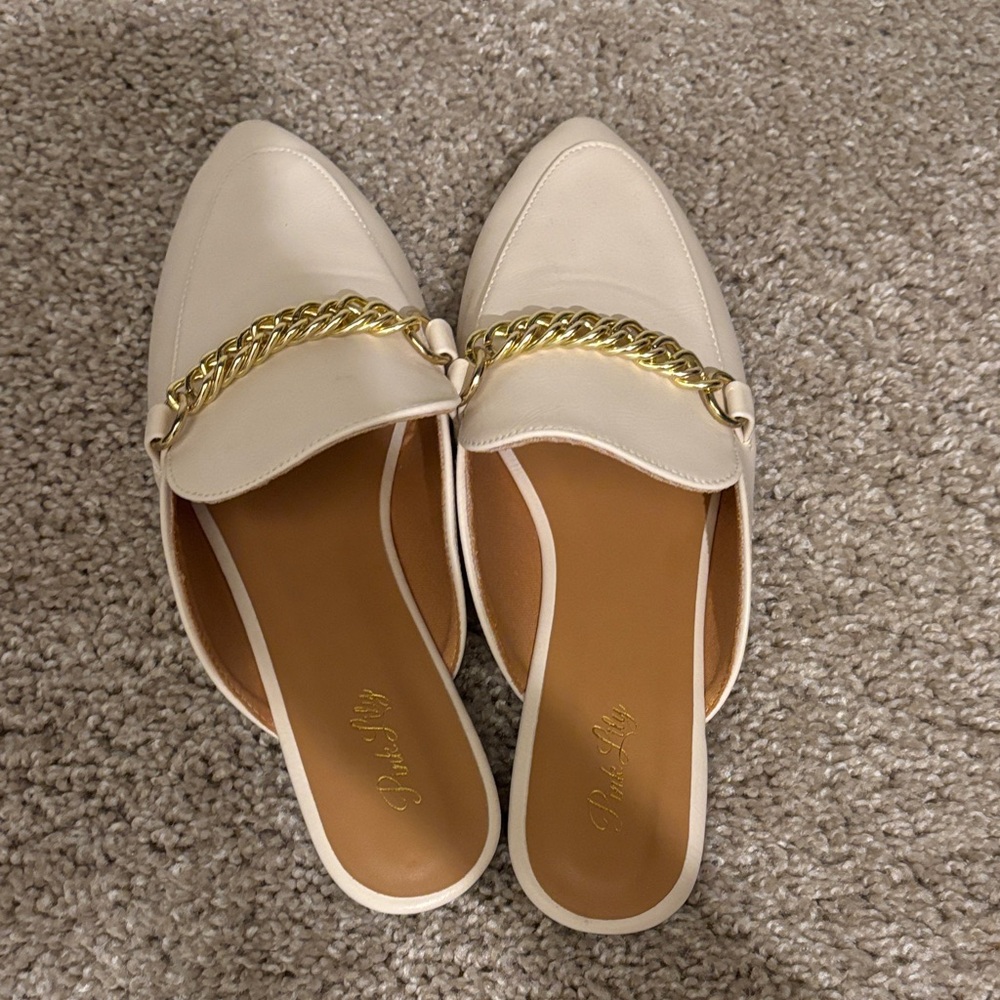 Pink Lily Cream Mules with Gold Chain